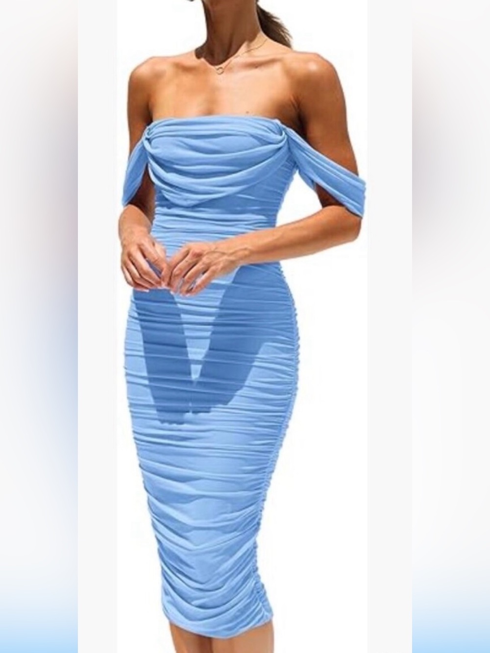 cameo Light Blue Ruched Off-Shoulder Midi Dress
